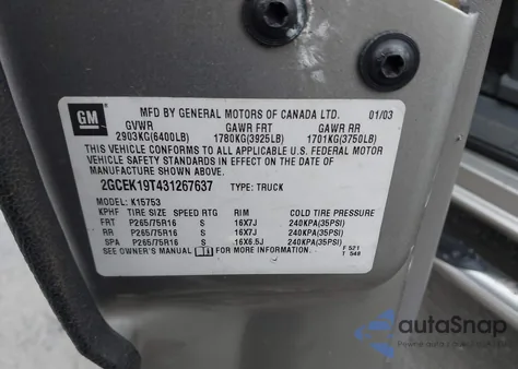 2003 Chevrolet Silverado 1500 z USA, uszkodzony, nr VIN 2GLEK19T431267637